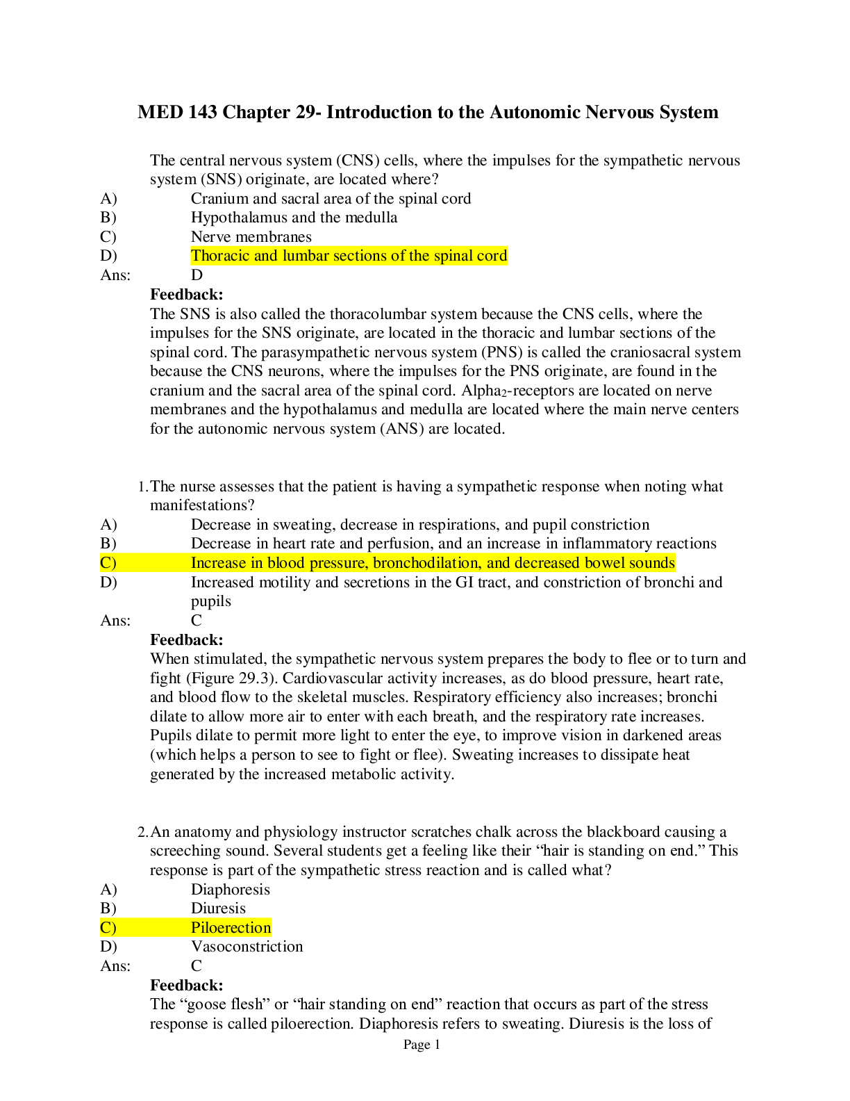Preview image for MED 143 Chapter 29- Introduction to the Autonomic Nervous System (100% Guaranteed PASS)